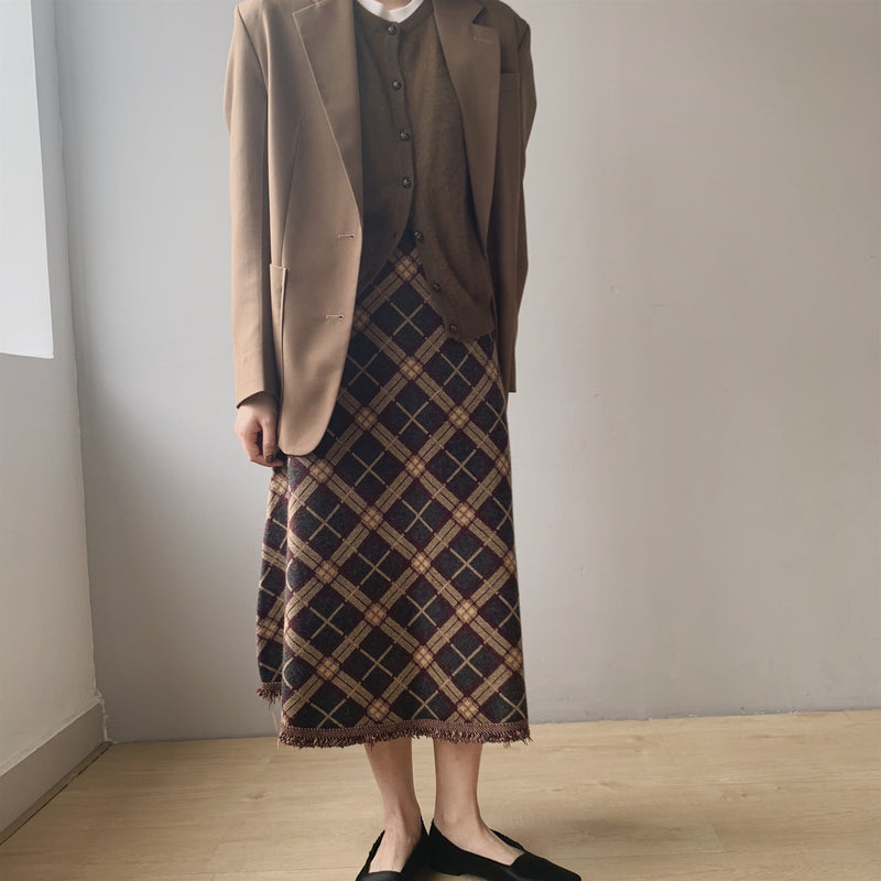 Women Knitted Skirt Vintage Plaid Skirt