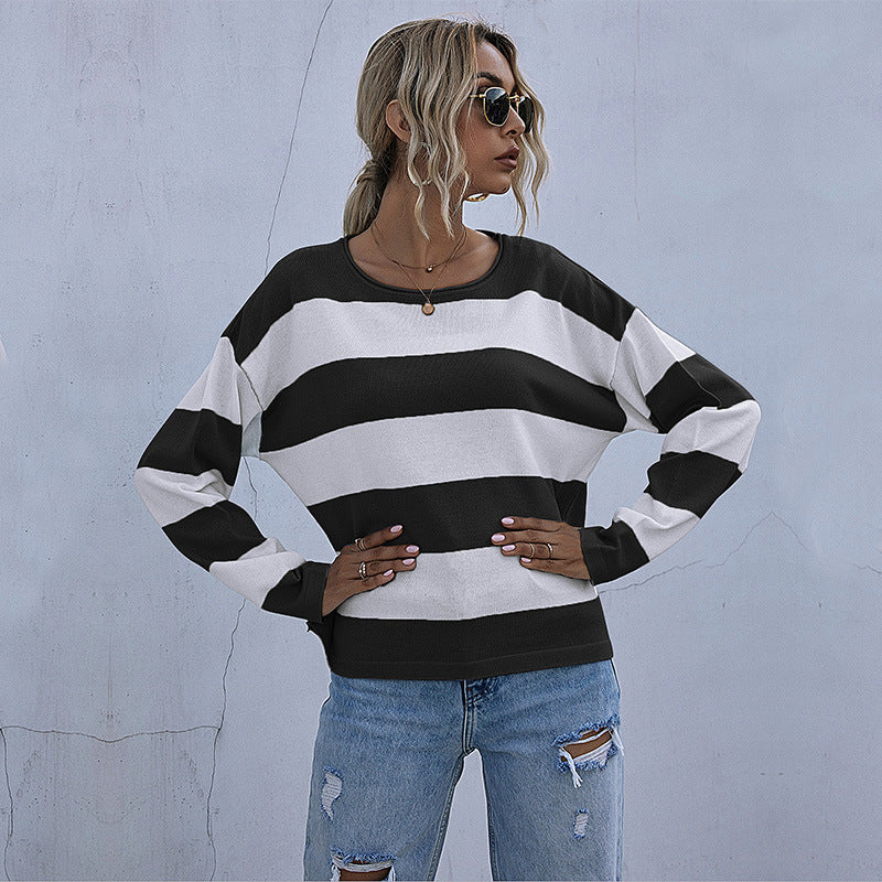 Women Knitted Sweater Autumn Loose round Neck Long Sleeve Knitted Striped Sweater