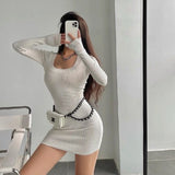 Women Maxi Dress Autumn and Winter Sexy U Collar Slim-Fit Long-Sleeved Knitted Sheath Dress