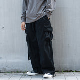 Men Sweatpants Multi-Pocket Cargo Pants Elastic Waist Drawstring Ankle Banded Pants Loose Ribbon Casual Trousers