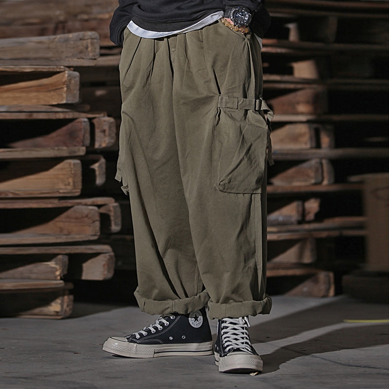 Men Sweatpants Multi-Pocket Cargo Pants Loose Straight Long Trousers