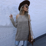 Women Knitted Sweater Fall Slim Fit Solid Color round Neck Knitted Bottoming Shirt off-the-Shoulder Sweater