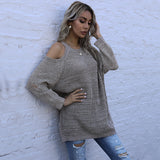 Women Knitted Sweater Fall Slim Fit Solid Color round Neck Knitted Bottoming Shirt off-the-Shoulder Sweater