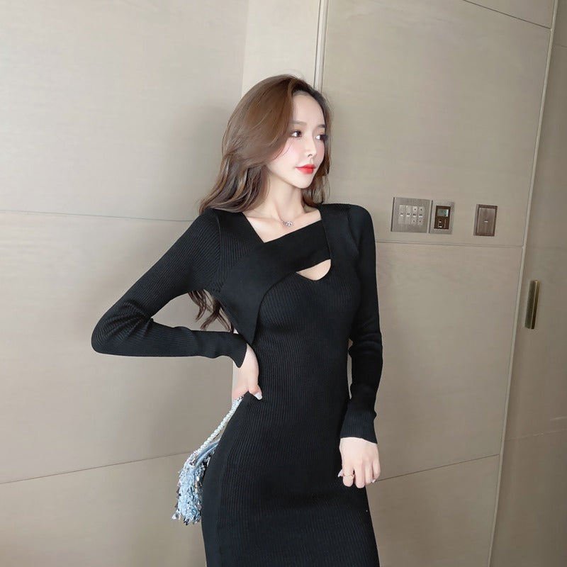 Women Maxi Dress Autumn and Winter Long Sleeve Sexy V-neck Knitted Sheath Dress
