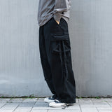 Men Sweatpants Multi-Pocket Cargo Pants Elastic Waist Drawstring Ankle Banded Pants Loose Ribbon Casual Trousers