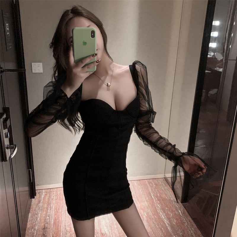 Women Maxi Dress Autumn and Winter Mesh Long Sleeve Slim Fit Sexy Dress