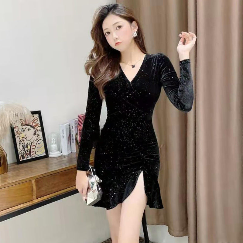 Women Maxi Dress Autumn and Winter V-neck Sexy Pleuche Sheath Dress