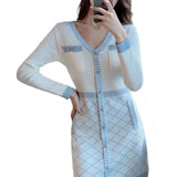 Women Maxi Dress Autumn and Winter Long Sleeve Sexy V-neck Knitted Dress