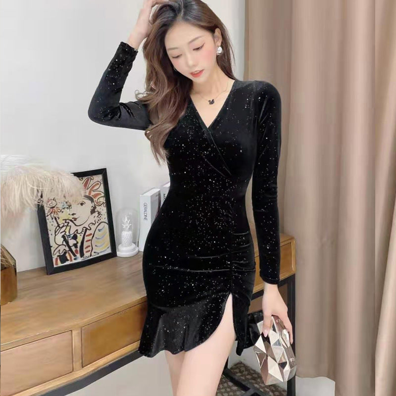Women Maxi Dress Autumn and Winter V-neck Sexy Pleuche Sheath Dress