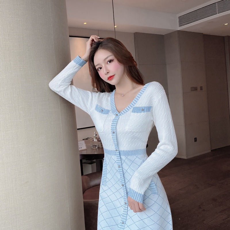 Women Maxi Dress Autumn and Winter Long Sleeve Sexy V-neck Knitted Dress