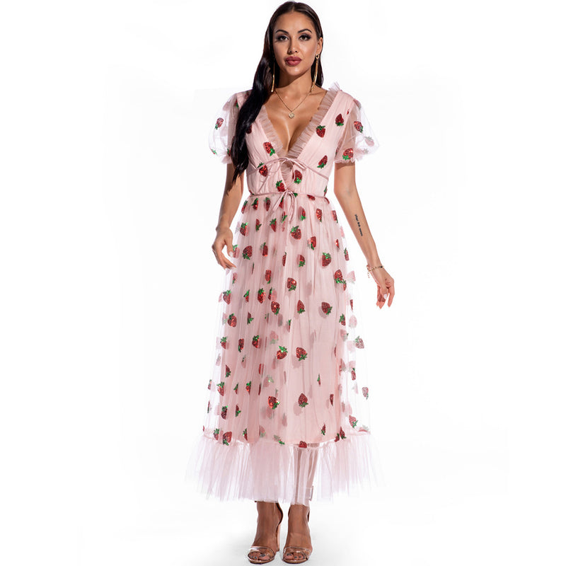 Women Evening Gown Sexy Puff Sleeve Strawberry Sequins Dress