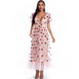 Women Evening Gown Sexy Puff Sleeve Strawberry Sequins Dress