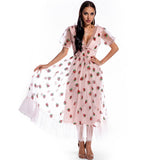 Women Evening Gown Sexy Puff Sleeve Strawberry Sequins Dress