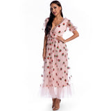 Women Evening Gown Sexy Puff Sleeve Strawberry Sequins Dress