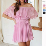 Women's summer solid color sexy pleated short sleeve jumpsuit casual vacation one-piece off-the-shoulder shorts