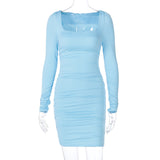 Women Dresses Spring Summer Slim-Fit Long Sleeve Pleated Solid Color Dress