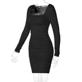 Women Dresses Spring Summer Slim-Fit Long Sleeve Pleated Solid Color Dress
