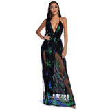 Women Evening Gown Sexy Retro Backless Green Sequins Dress