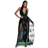 Women Evening Gown Sexy Retro Backless Green Sequins Dress