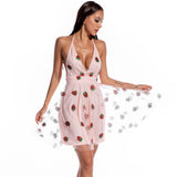 Women Evening Gown Sexy V-neck Strap Strawberry Sequins Dress