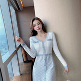 Women Maxi Dress Autumn and Winter Long Sleeve Sexy V-neck Knitted Dress