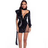 Women Evening Gown Sexy Retro Mesh Stitching Sequins Dress