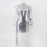 Women Evening Gown Sexy Retro Mesh Stitching Sequins Dress