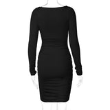 Women Dresses Spring Summer Slim-Fit Long Sleeve Pleated Solid Color Dress