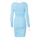 Women Dresses Spring Summer Slim-Fit Long Sleeve Pleated Solid Color Dress