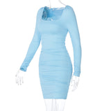 Women Dresses Spring Summer Slim-Fit Long Sleeve Pleated Solid Color Dress