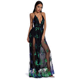 Women Evening Gown Sexy Retro Backless Green Sequins Dress