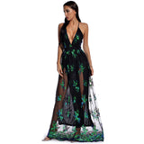 Women Evening Gown Sexy Retro Backless Green Sequins Dress