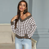Women Knitted Sweater Long Sleeve Houndstooth Jacquard V-neck Bottoming Knitted Sweater Female Autumn