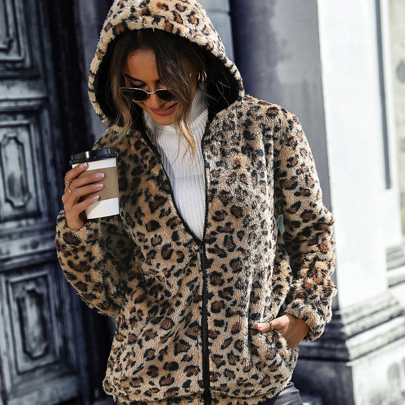 Women Trench Coat Autumn Hooded Long Sleeve Leopard Print Mid-Length Double-Sided Velvet Loose Casual Jacket