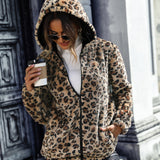 Women Trench Coat Autumn Hooded Long Sleeve Leopard Print Mid-Length Double-Sided Velvet Loose Casual Jacket