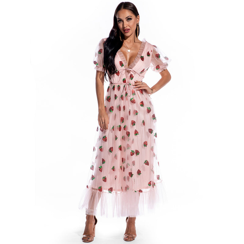 Women Evening Gown Sexy Puff Sleeve Strawberry Sequins Dress