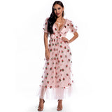 Women Evening Gown Sexy Puff Sleeve Strawberry Sequins Dress
