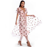 Women Evening Gown Sexy Puff Sleeve Strawberry Sequins Dress