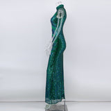 Women Evening Gown Sexy Retro Green Sequins Dress Speed Dress