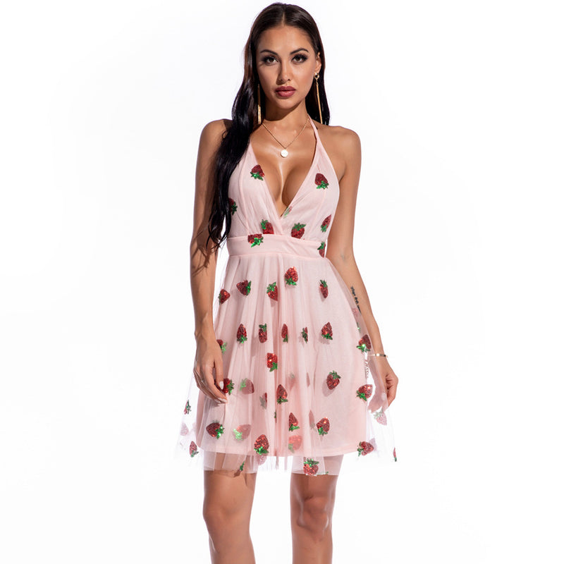 Women Evening Gown Sexy V-neck Strap Strawberry Sequins Dress
