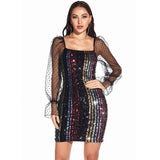 Women Evening Gown Sexy Mesh Long Sleeve Stitching Sequins Dress