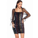 Women Evening Gown Sexy Mesh Long Sleeve Stitching Sequins Dress