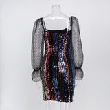 Women Evening Gown Sexy Mesh Long Sleeve Stitching Sequins Dress