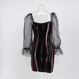 Women Evening Gown Sexy Backless Mesh Stitching Sequins Dress