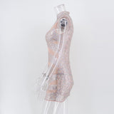 Women Evening Gown Sexy Sheer Mesh Stitching Sequins Dress