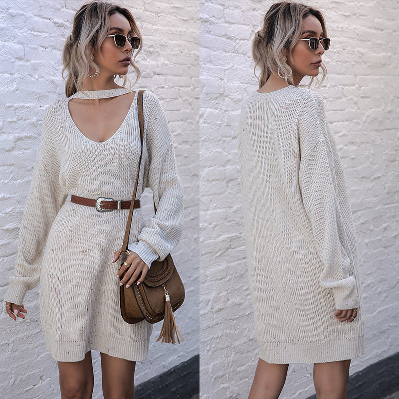 Women Knitted Sweater Fall V-neck Long Pullover Low Collar Long Sleeves Knitted Dress