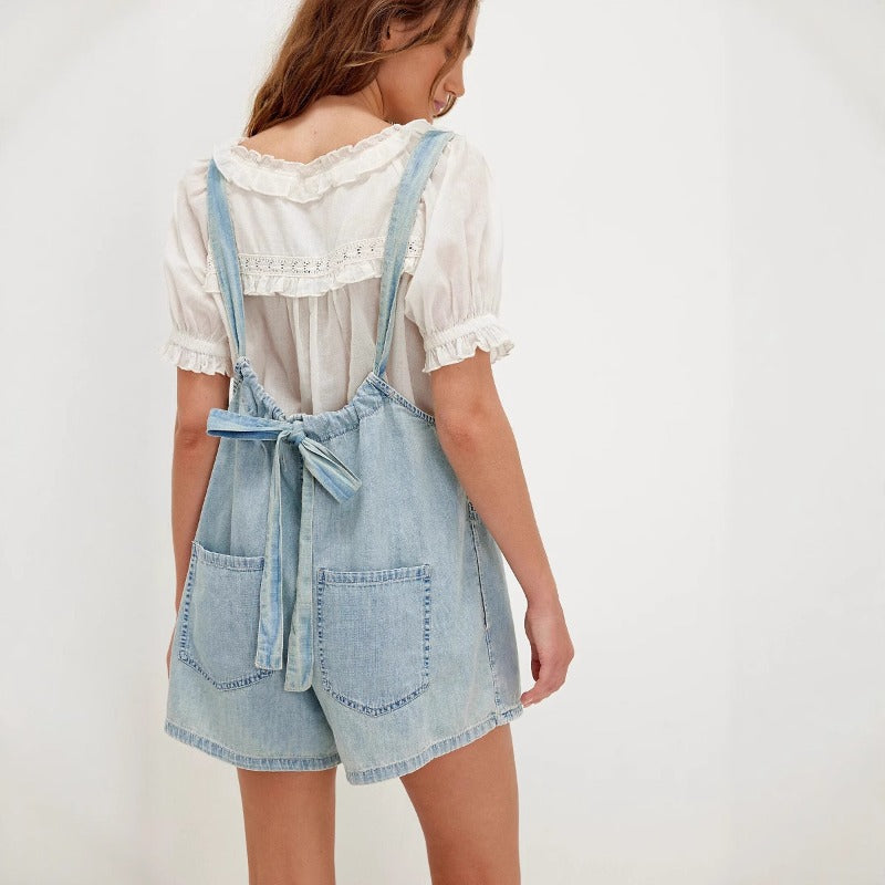 Women's pants: cross-border summer amazon fashion pocket suspender adjustable tie-up loose denim jumpsuit