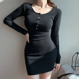 Women Dresses Autumn and Winter U-Collar Hip Skirt Sexy Long Sleeve Short Dress