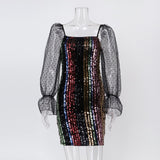 Women Evening Gown Sexy Mesh Long Sleeve Stitching Sequins Dress