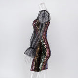 Women Evening Gown Sexy Mesh Long Sleeve Stitching Sequins Dress
